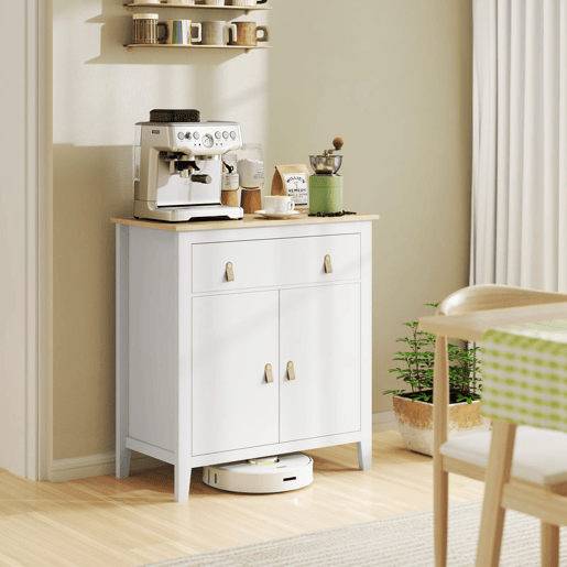 HOMCOM Aparador de 2 Portas Aparador Sala de Estar Moderno com Gaveta Prateleira Ajustável e Puxadores em PU Móvel Auxiliar para Sala de Jantar 80x40x90 cm Branco e Madeira