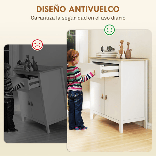 HOMCOM Aparador de 2 Portas Aparador Sala de Estar Moderno com Gaveta Prateleira Ajustável e Puxadores em PU Móvel Auxiliar para Sala de Jantar 80x40x90 cm Branco e Madeira