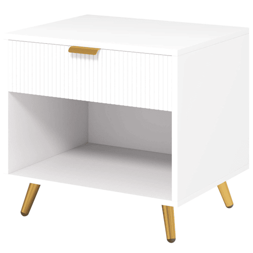 HOMCOM Mesa de Cabeceira Moderna Mesa de Cabeceira com Gaveta Puxador Dourado e Compartimento Aberto Mesa Auxiliar para Sala de Estar Dormitório 50x40x47 cm Branco