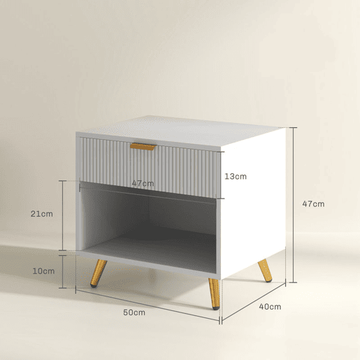HOMCOM Mesa de Cabeceira Moderna Mesa de Cabeceira com Gaveta Puxador Dourado e Compartimento Aberto Mesa Auxiliar para Sala de Estar Dormitório 50x40x47 cm Branco