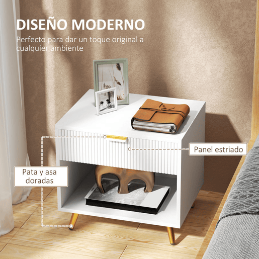 HOMCOM Mesa de Cabeceira Moderna Mesa de Cabeceira com Gaveta Puxador Dourado e Compartimento Aberto Mesa Auxiliar para Sala de Estar Dormitório 50x40x47 cm Branco