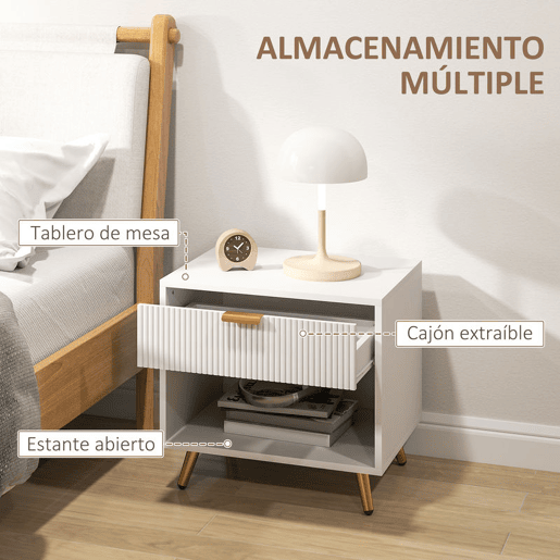 HOMCOM Mesa de Cabeceira Moderna Mesa de Cabeceira com Gaveta Puxador Dourado e Compartimento Aberto Mesa Auxiliar para Sala de Estar Dormitório 50x40x47 cm Branco