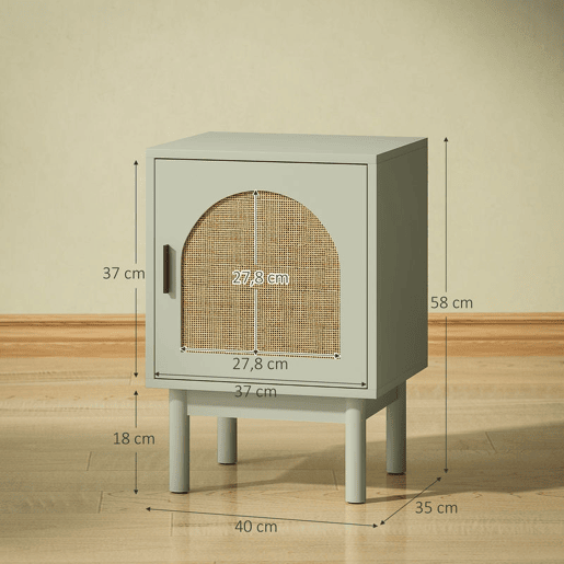 HOMCOM Mesa de Cabeceira Mesa de Cabeceira com Porta de Vime Prateleira Ajustável e Pés de Madeira Estilo Boémio Mesa Auxiliar para Sala de Estar Quarto 40x35x58 cm Verde Claro