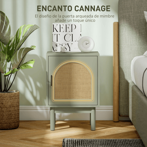 HOMCOM Mesa de Cabeceira Mesa de Cabeceira com Porta de Vime Prateleira Ajustável e Pés de Madeira Estilo Boémio Mesa Auxiliar para Sala de Estar Quarto 40x35x58 cm Verde Claro