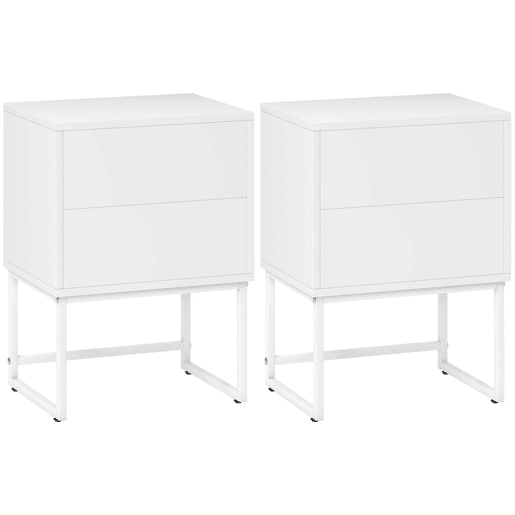 HOMCOM Conjunto de 2 Mesas de Cabeceira Estreitas Mesas de Cabeceira Quarto com 2 Gavetas Abertura por Pressão e Pés de Aço Estilo Moderno 40x30x55 cm Branco