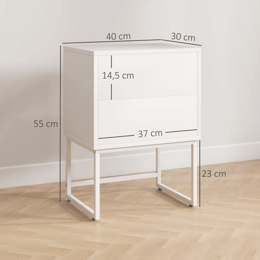 HOMCOM Conjunto de 2 Mesas de Cabeceira Estreitas Mesas de Cabeceira Quarto com 2 Gavetas Abertura por Pressão e Pés de Aço Estilo Moderno 40x30x55 cm Branco