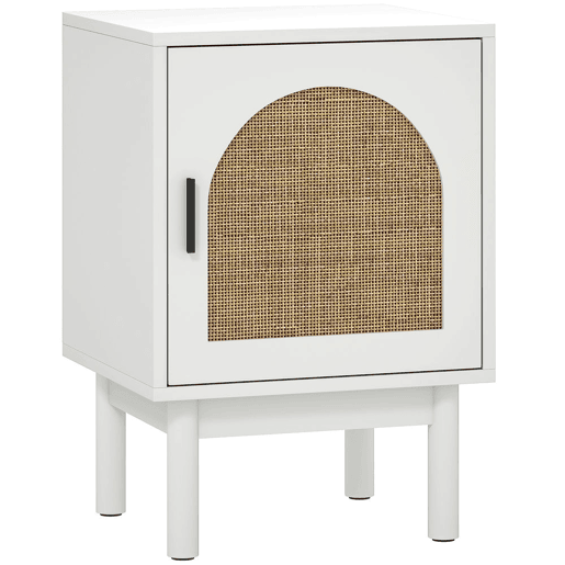 HOMCOM Mesa de Cabeceira Mesa de Cabeceira com Porta de Vime Prateleira Ajustável e Pés de Madeira Estilo Boémio Mesa Auxiliar para Sala de Estar Quarto 40x35x58 cm Branco