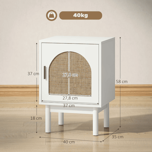 HOMCOM Mesa de Cabeceira Mesa de Cabeceira com Porta de Vime Prateleira Ajustável e Pés de Madeira Estilo Boémio Mesa Auxiliar para Sala de Estar Quarto 40x35x58 cm Branco