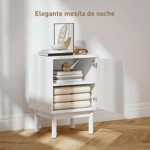 HOMCOM Mesa de Cabeceira Mesa de Cabeceira com Porta de Vime Prateleira Ajustável e Pés de Madeira Estilo Boémio Mesa Auxiliar para Sala de Estar Quarto 40x35x58 cm Branco