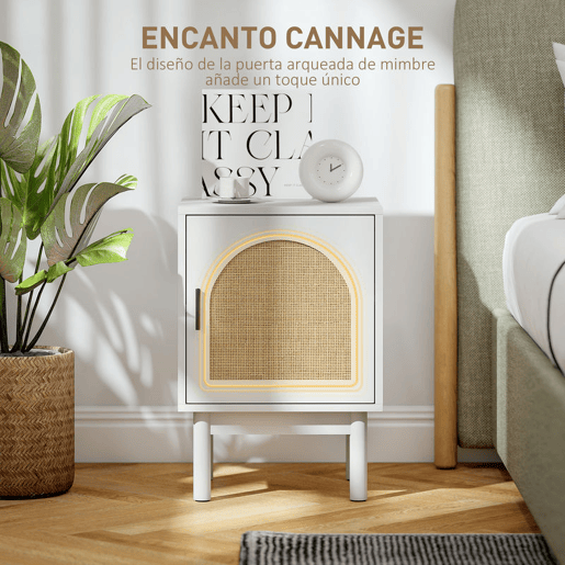 HOMCOM Mesa de Cabeceira Mesa de Cabeceira com Porta de Vime Prateleira Ajustável e Pés de Madeira Estilo Boémio Mesa Auxiliar para Sala de Estar Quarto 40x35x58 cm Branco