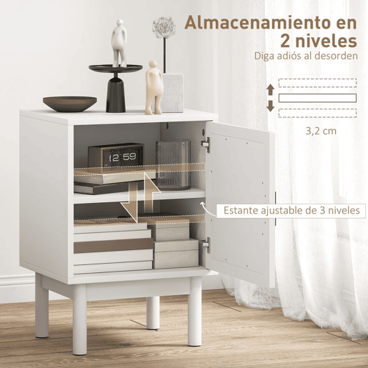 HOMCOM Mesa de Cabeceira Mesa de Cabeceira com Porta de Vime Prateleira Ajustável e Pés de Madeira Estilo Boémio Mesa Auxiliar para Sala de Estar Quarto 40x35x58 cm Branco