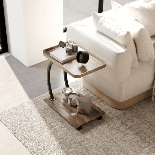 HOMCOM Mesa Auxiliar com Rodas Mesa Auxiliar em Forma de C para Sofá com Prateleiras Estrutura de Aço Mesa Auxiliar para Sala de Estar e Dormitório 52x34x60 cm Madeira e Preto