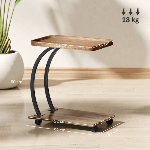 HOMCOM Mesa Auxiliar com Rodas Mesa Auxiliar em Forma de C para Sofá com Prateleiras Estrutura de Aço Mesa Auxiliar para Sala de Estar e Dormitório 52x34x60 cm Madeira e Preto