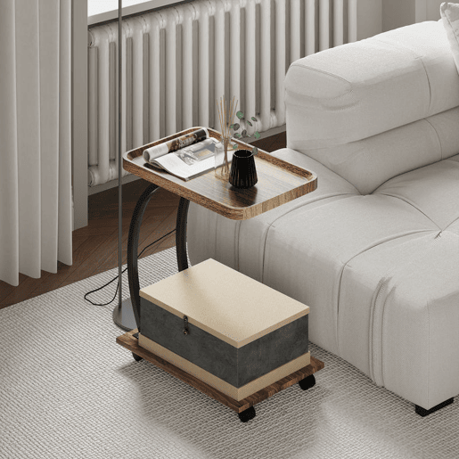 HOMCOM Mesa Auxiliar com Rodas Mesa Auxiliar em Forma de C para Sofá com Prateleiras Estrutura de Aço Mesa Auxiliar para Sala de Estar e Dormitório 52x34x60 cm Madeira e Preto