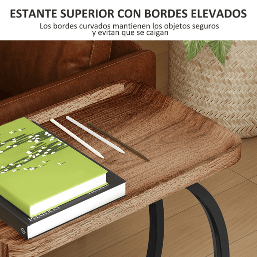 HOMCOM Mesa Auxiliar com Rodas Mesa Auxiliar em Forma de C para Sofá com Prateleiras Estrutura de Aço Mesa Auxiliar para Sala de Estar e Dormitório 52x34x60 cm Madeira e Preto