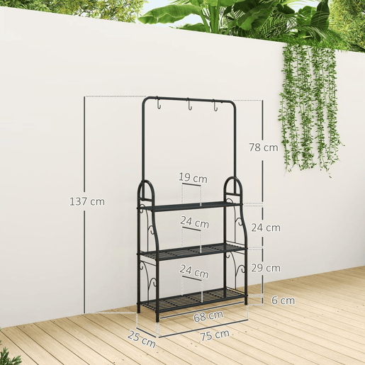 Outsunny Suporte para Plantas de 3 Níveis Suporte para Vasos de Plantas com Ganchos de Metal Barra para Pendurar Suporte para Vasos para Interior e Exterior 75x25x137 cm Preto