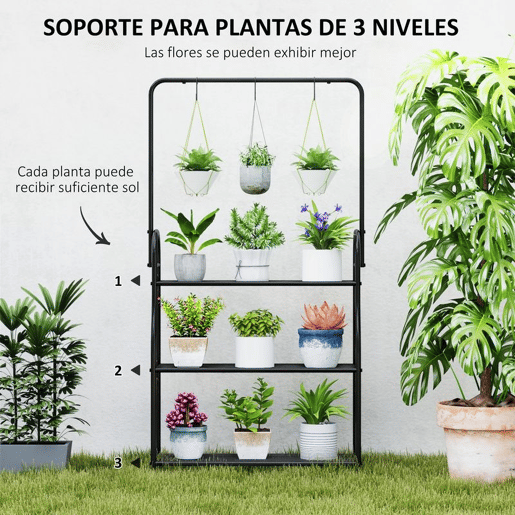 Outsunny Suporte para Plantas de 3 Níveis Suporte para Vasos de Plantas com Ganchos de Metal Barra para Pendurar Suporte para Vasos para Interior e Exterior 75x25x137 cm Preto