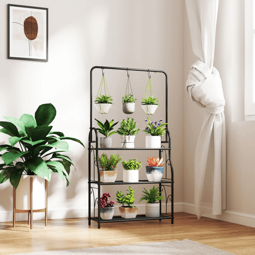 Outsunny Suporte para Plantas de 3 Níveis Suporte para Vasos de Plantas com Ganchos de Metal Barra para Pendurar Suporte para Vasos para Interior e Exterior 75x25x137 cm Preto