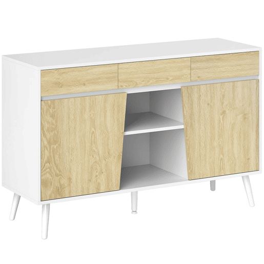 HOMCOM Aparador de 2 Portas Aparador de Sala com 3 Gavetas Prateleiras Móvel para TV para Dormitório Sala de Estar 120x39x77 cm Branco e Madeira