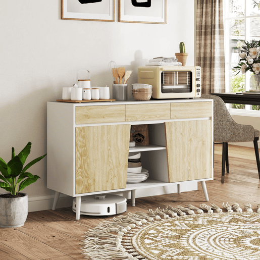HOMCOM Aparador de 2 Portas Aparador de Sala com 3 Gavetas Prateleiras Móvel para TV para Dormitório Sala de Estar 120x39x77 cm Branco e Madeira
