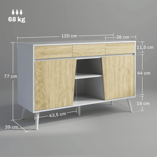 HOMCOM Aparador de 2 Portas Aparador de Sala com 3 Gavetas Prateleiras Móvel para TV para Dormitório Sala de Estar 120x39x77 cm Branco e Madeira