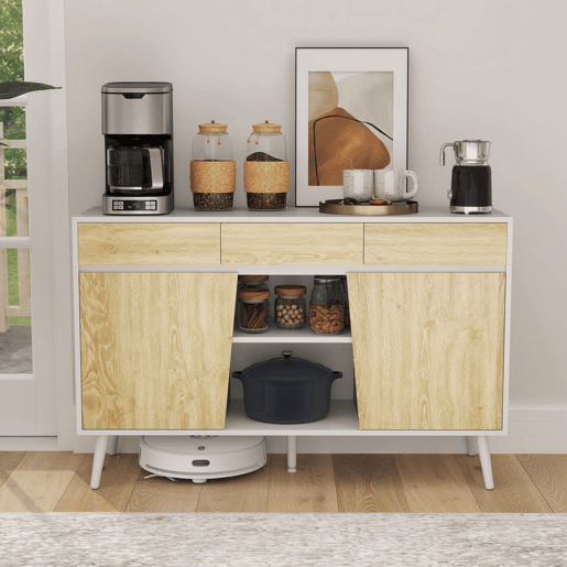 HOMCOM Aparador de 2 Portas Aparador de Sala com 3 Gavetas Prateleiras Móvel para TV para Dormitório Sala de Estar 120x39x77 cm Branco e Madeira