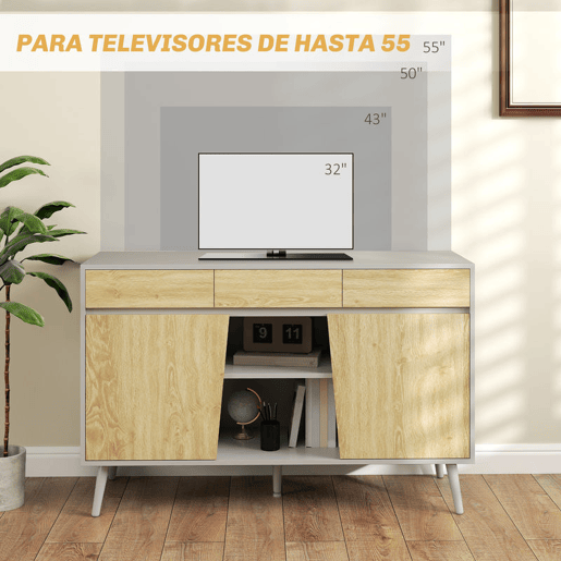 HOMCOM Aparador de 2 Portas Aparador de Sala com 3 Gavetas Prateleiras Móvel para TV para Dormitório Sala de Estar 120x39x77 cm Branco e Madeira