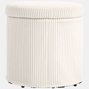 HOMCOM Puff de Arrumação Baú de Arrumação Redondo Estofado em Veludo Cotelê Assento Acolchoado Tampa Removível para Corredor Quarto Sala Ø40x41 cm Creme