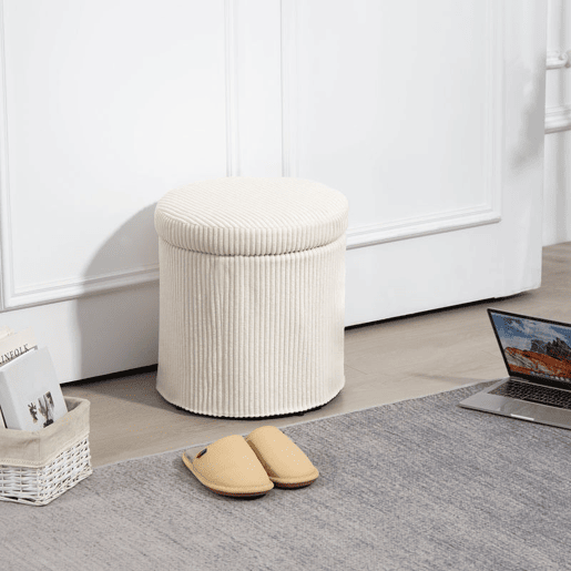 HOMCOM Puff de Arrumação Baú de Arrumação Redondo Estofado em Veludo Cotelê Assento Acolchoado Tampa Removível para Corredor Quarto Sala Ø40x41 cm Creme