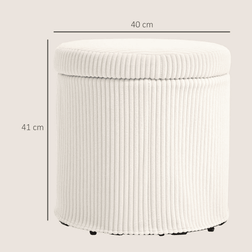 HOMCOM Puff de Arrumação Baú de Arrumação Redondo Estofado em Veludo Cotelê Assento Acolchoado Tampa Removível para Corredor Quarto Sala Ø40x41 cm Creme