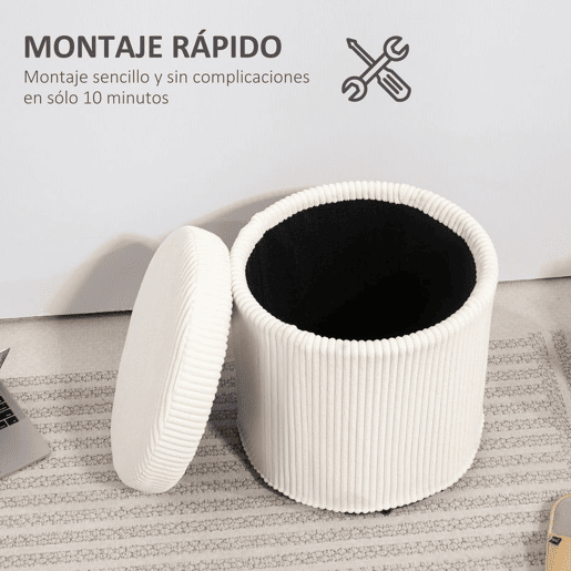 HOMCOM Puff de Arrumação Baú de Arrumação Redondo Estofado em Veludo Cotelê Assento Acolchoado Tampa Removível para Corredor Quarto Sala Ø40x41 cm Creme
