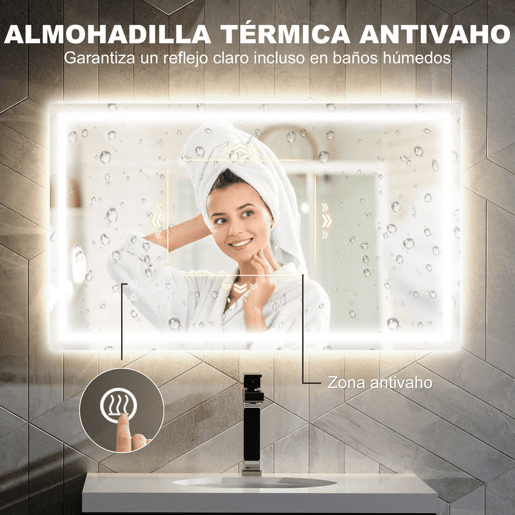 HOMCOM Espelho Casa de Banho com Luz LED 100x60 cm Espelho de Parede com Iluminação Anti-Embaciamento Brilho Ajustável Interruptor Tátil IP44 Montagem Horizontal ou Vertical