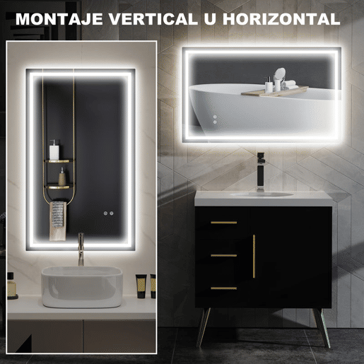 HOMCOM Espelho Casa de Banho com Luz LED 100x60 cm Espelho de Parede com Iluminação Anti-Embaciamento Brilho Ajustável Interruptor Tátil IP44 Montagem Horizontal ou Vertical
