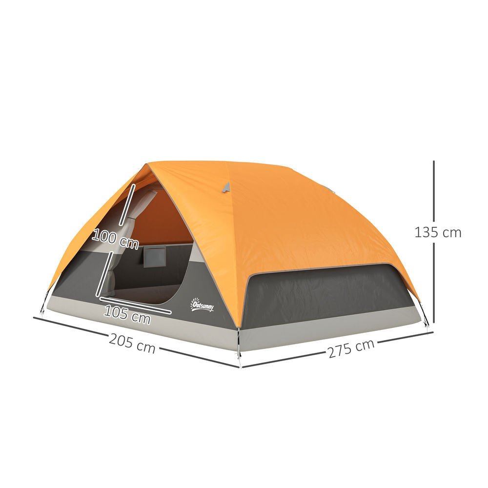 Outsunny tienda de campaña para 2-4 personas tienda de camping plegable con puerta ventana de malla bolsillos gancho y bolsa de transporte impermeable fácil instalación para senderismo naranja y gris