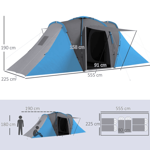 Outsunny Tenda de Campismo Familiar para 4-6 Pessoas com 2 Dormitórios Tenda de Campismo Grande Impermeável 3000 mm com Bolsa de Transporte 555x225x190 cm Cinza e Azul