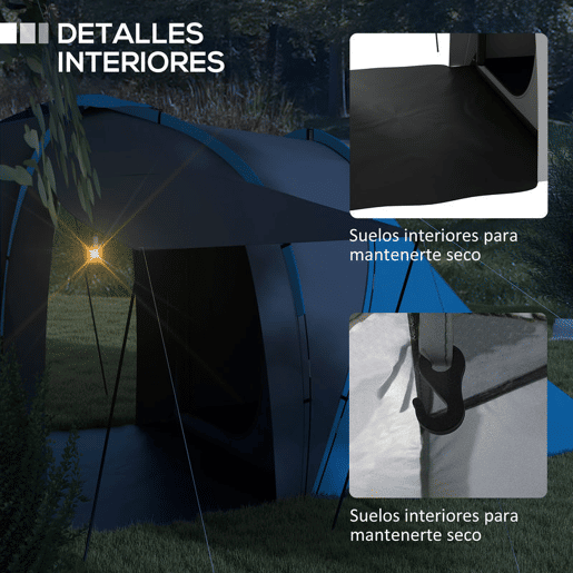 Outsunny Tenda de Campismo Familiar para 4-6 Pessoas com 2 Dormitórios Tenda de Campismo Grande Impermeável 3000 mm com Bolsa de Transporte 555x225x190 cm Cinza e Azul