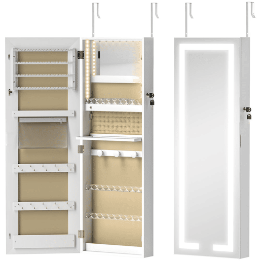 HOMCOM Espelho Armário para Jóias de Parede com Luzes LED e Fechadura Espelho Integrado sem Moldura Armário de Jóias para Pendurar na Parede ou na Porta Branco com Forro Creme