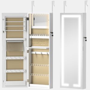 HOMCOM Espelho Armário para Jóias de Parede com Luzes LED e Fechadura Espelho Integrado sem Moldura Armário de Jóias para Pendurar na Parede ou na Porta Branco com Forro Creme