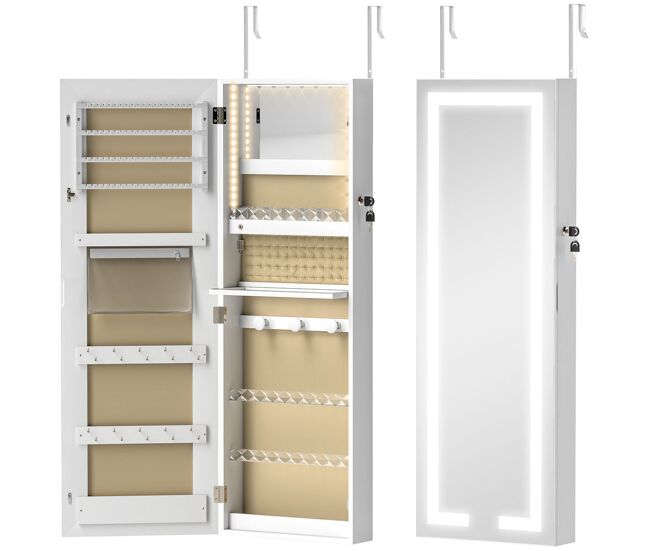 Homcom espejo joyero de pared armario para joyas colgante con luces led y cerradura espejo integrada sin marco armario de joyas para colgar en la