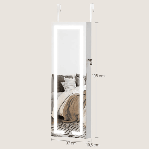 HOMCOM Espelho Armário para Jóias de Parede com Luzes LED e Fechadura Espelho Integrado sem Moldura Armário de Jóias para Pendurar na Parede ou na Porta Branco com Forro Creme