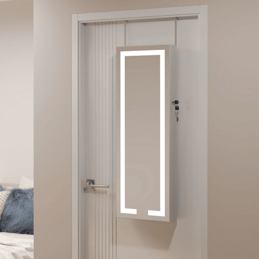 HOMCOM Espelho Armário para Jóias de Parede com Luzes LED e Fechadura Espelho Integrado sem Moldura Armário de Jóias para Pendurar na Parede ou na Porta Branco com Forro Creme