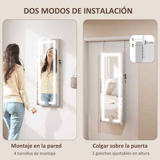 HOMCOM Espelho Armário para Jóias de Parede com Luzes LED e Fechadura Espelho Integrado sem Moldura Armário de Jóias para Pendurar na Parede ou na Porta Branco com Forro Creme