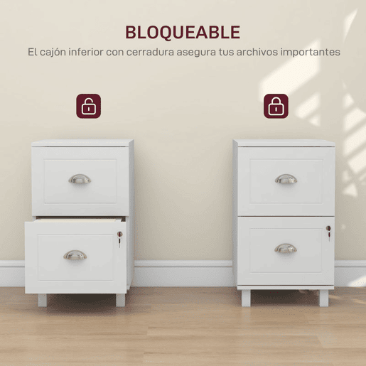 HOMCOM Arquivador para Escritório Móvel Arquivador com 2 Gavetas para Escritório com Fechadura e Barras para Documentos A4 e Carta 40x41,5x67,5 cm Branco