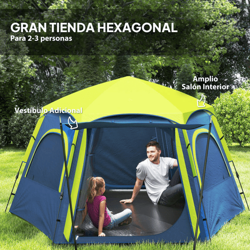 Outsunny Tenda de Campismo para 2-4 Pessoas, Tenda Dobrável com Fácil Montagem, Janelas de Rede, Gancho e Bolsa de Transporte, Proteção UV e Impermeável 3000+, Ideal para Caminhadas, Azul e Verde