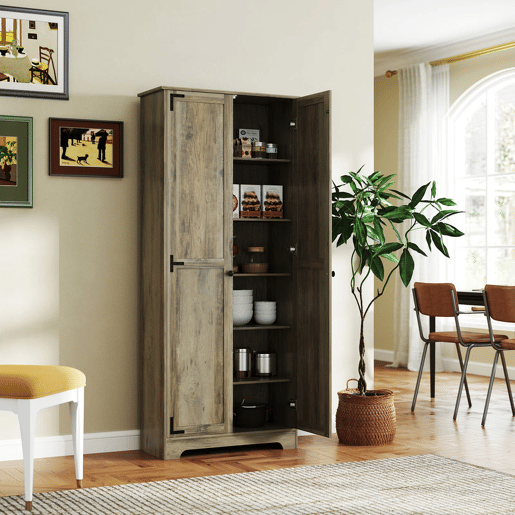 HOMCOM Armário de Cozinha Armário de Arrumação com 2 Portas e Prateleiras Ajustáveis para Sala de Jantar Sala de Estar 78x31,5x182 cm Marrom Acinzentado