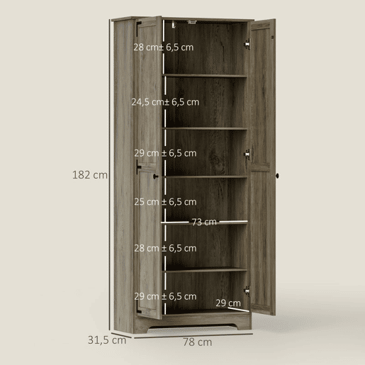 HOMCOM Armário de Cozinha Armário de Arrumação com 2 Portas e Prateleiras Ajustáveis para Sala de Jantar Sala de Estar 78x31,5x182 cm Marrom Acinzentado