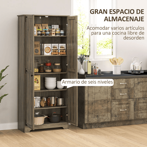 HOMCOM Armário de Cozinha Armário de Arrumação com 2 Portas e Prateleiras Ajustáveis para Sala de Jantar Sala de Estar 78x31,5x182 cm Marrom Acinzentado