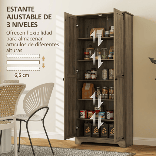 HOMCOM Armário de Cozinha Armário de Arrumação com 2 Portas e Prateleiras Ajustáveis para Sala de Jantar Sala de Estar 78x31,5x182 cm Marrom Acinzentado