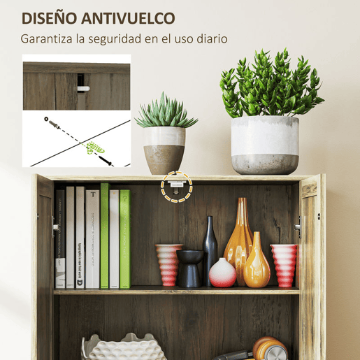 HOMCOM Armário de Cozinha Armário de Arrumação com 2 Portas e Prateleiras Ajustáveis para Sala de Jantar Sala de Estar 78x31,5x182 cm Marrom Acinzentado