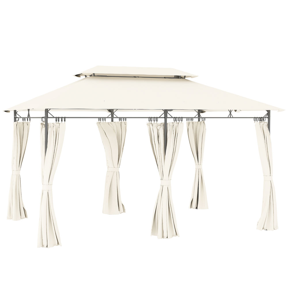Outsunny cenador de jardín 4x3 m, pabellón de jardín gazebo con doble techo, 6 paredes laterales, estructura metálica, orificios de drenaje, carpa para exterior, terraza, patio, crema